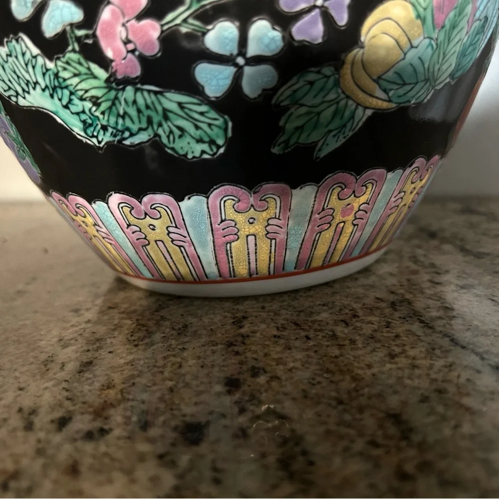 Chinese Famille Noir Foo Dog Ginger Jar with lid Vintage Chinoiserie decor MCM